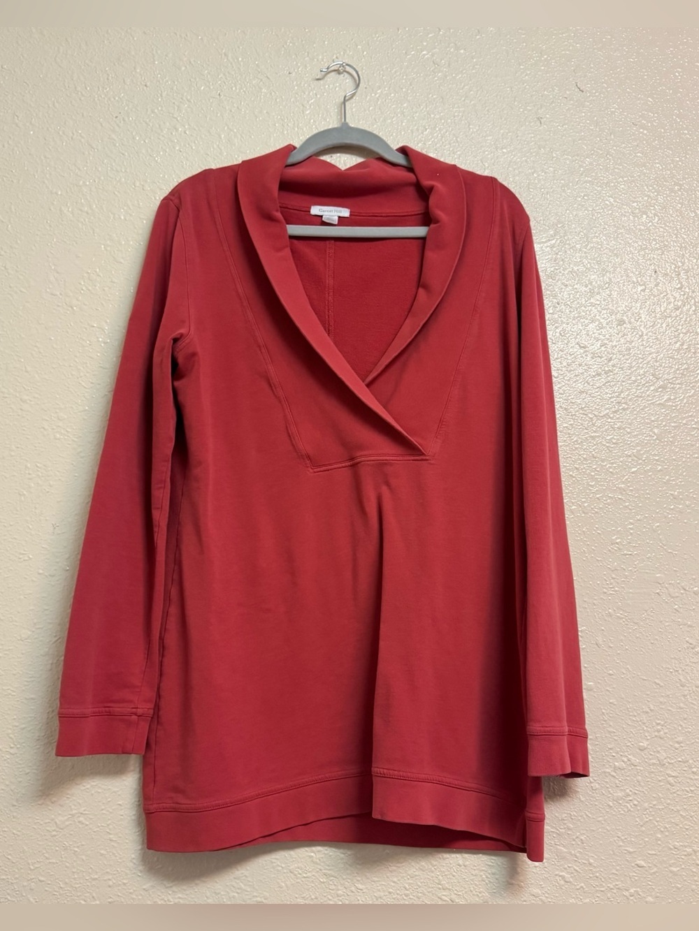 Garnet Hill Shawl Collar Long Line Sweater in Rust Red